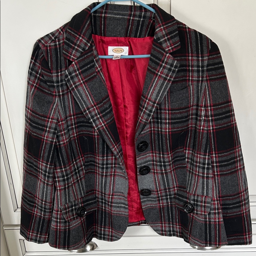 Talbots Black, Gray & Red Plaid Blazer Jacket